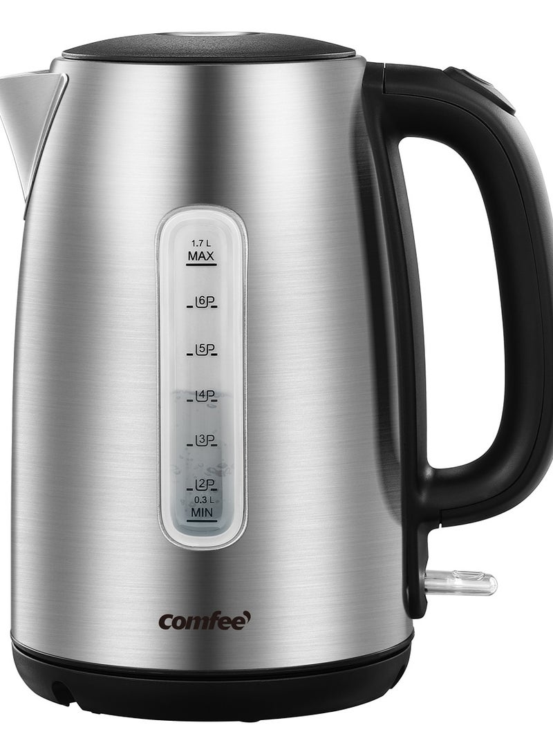 Stainless Steel Cordless Electric Kettle. 1500W Fast Boil with LED Light, Auto Shut-Off and Boil-Dry Protection. 1.7 Liter