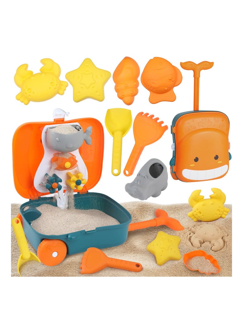 Kids Beach Sand Toys, Beach Sandbox Toy Set with Water Wheel , Sand Bucket, Watering Can, Shovel Tool Kits in Waterproof Bag for Kids Toddlers Girls Boys(Orange）