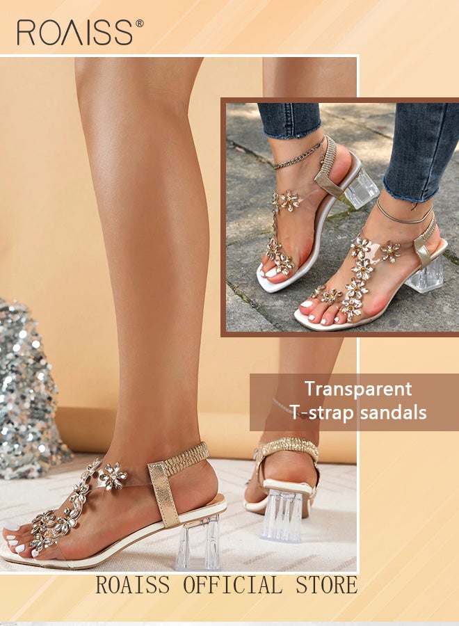 Women's Transparent Rhinestone Flower High Heels Women's Square Toe High Heel Sandals Women's Block Heel High Heels