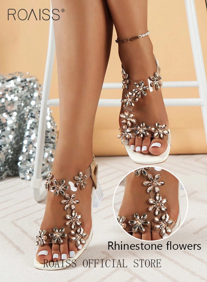 Women's Transparent Rhinestone Flower High Heels Women's Square Toe High Heel Sandals Women's Block Heel High Heels