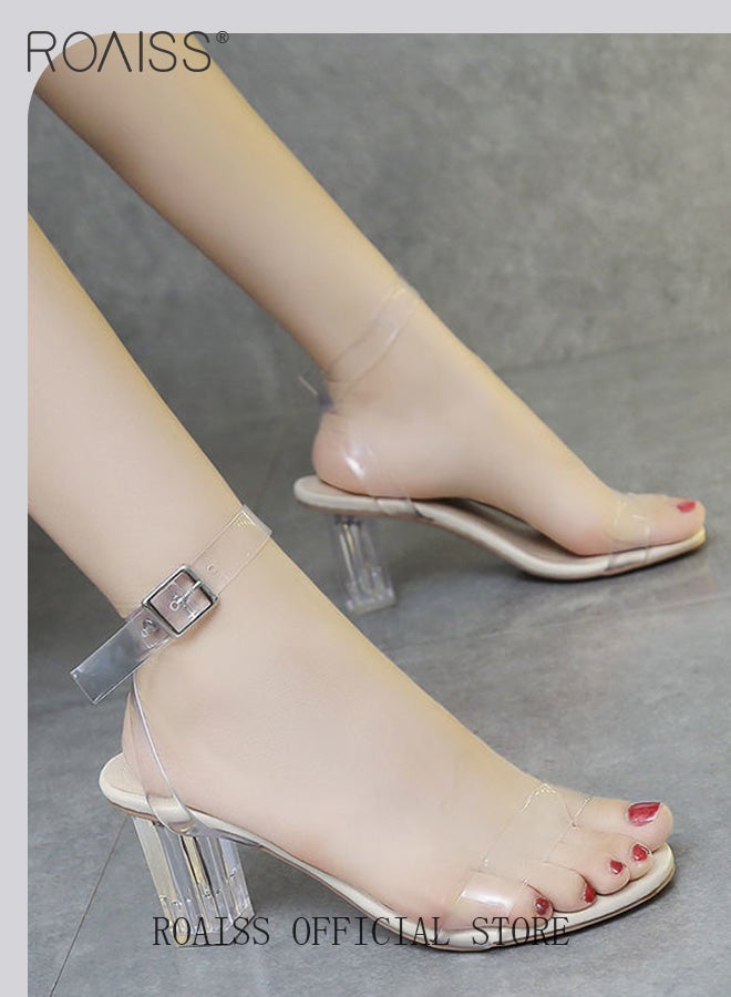 Women Transparent Strappy High Heels Women Thick Heel Sandals Women Buckle High Heels