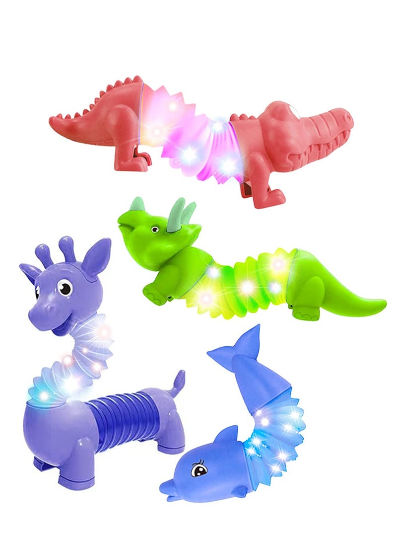 Glow Animal Toy Bendable Pop Tubes Fidget Toy Funny Light Up Dinosaur Crocodile Giraffe Dolphin Set Stress Relief for Boys Girls Autism Kids 4PCS