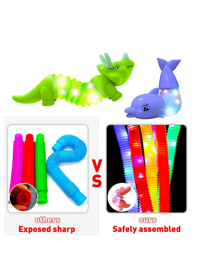 Glow Animal Toy Bendable Pop Tubes Fidget Toy Funny Light Up Dinosaur Crocodile Giraffe Dolphin Set Stress Relief for Boys Girls Autism Kids 4PCS