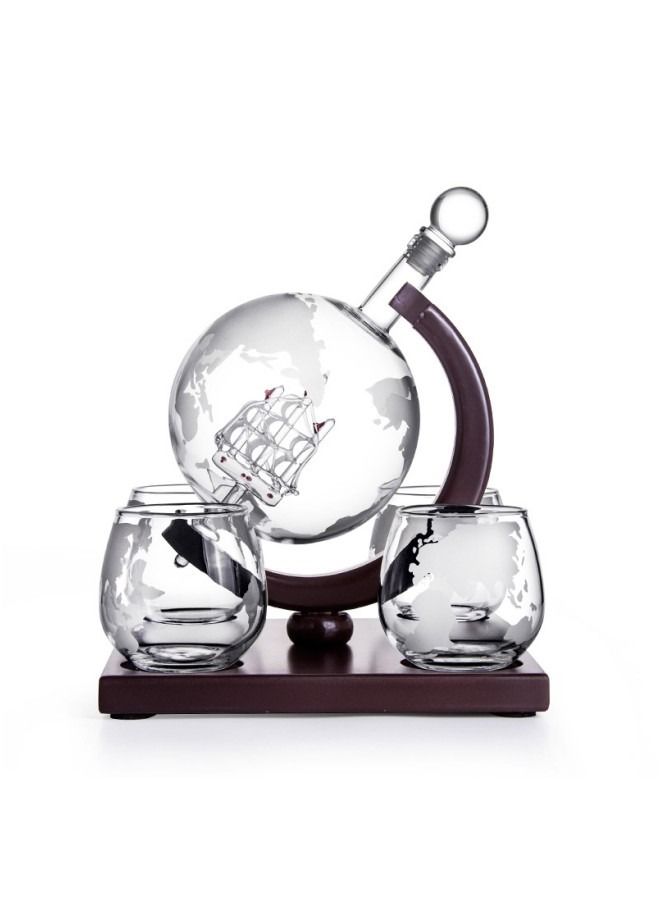 Whiskey Decanter Globe Set with 4 Etched Whiskey Glasses,Reusable Whiskey Stone Ice Cubes, Cherry Wood Stand,850ml