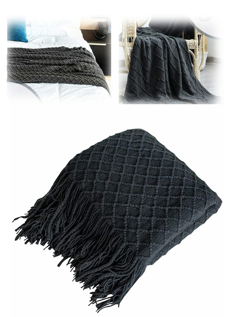 Acrylic Knitted Throw Blanket Lightweight and Soft Cozy Decorative Woven Blanket with Tassels for Travel Couch Bed Sofa Available All Year Round 51 x 67 Inch Dark Grey