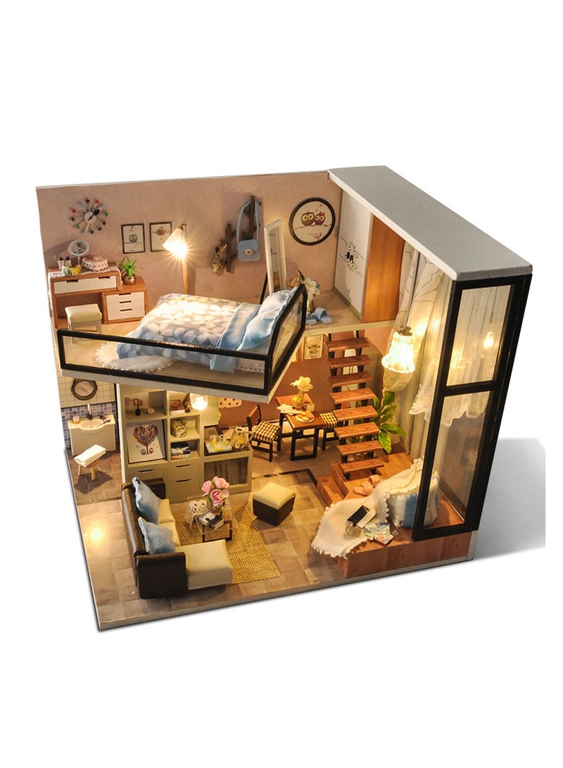 DIY Miniature Dollhouse Kit Creative Room Mini Handmade Wooden Doll House with Dust Proof Cover for Kids Teens Adults Assemble the Villa Model Toy Gift