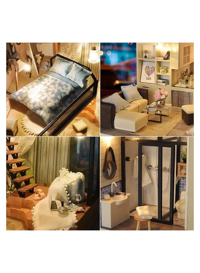 DIY Miniature Dollhouse Kit Creative Room Mini Handmade Wooden Doll House with Dust Proof Cover for Kids Teens Adults Assemble the Villa Model Toy Gift