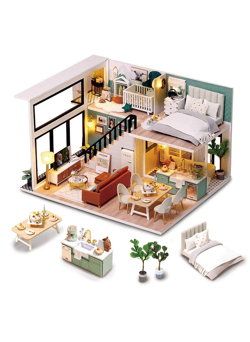 DIY Miniature Dollhouse Kit 1:24 Scale Mini Handmade Wooden Doll House with Music Furniture Great Craft Gift for Birthday Mother's Day Kids Teens Assemble the Villa Model Gift