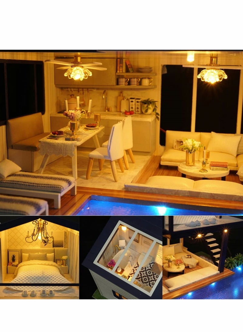 DIY Miniature Dollhouse Kit, Time Apartment DIY Dollhouse Kit with Wooden Furniture Light Gift House Toy, Dollhouse Building Kit Playset with Dust Protection Cover, Idea Gift, 1 Set