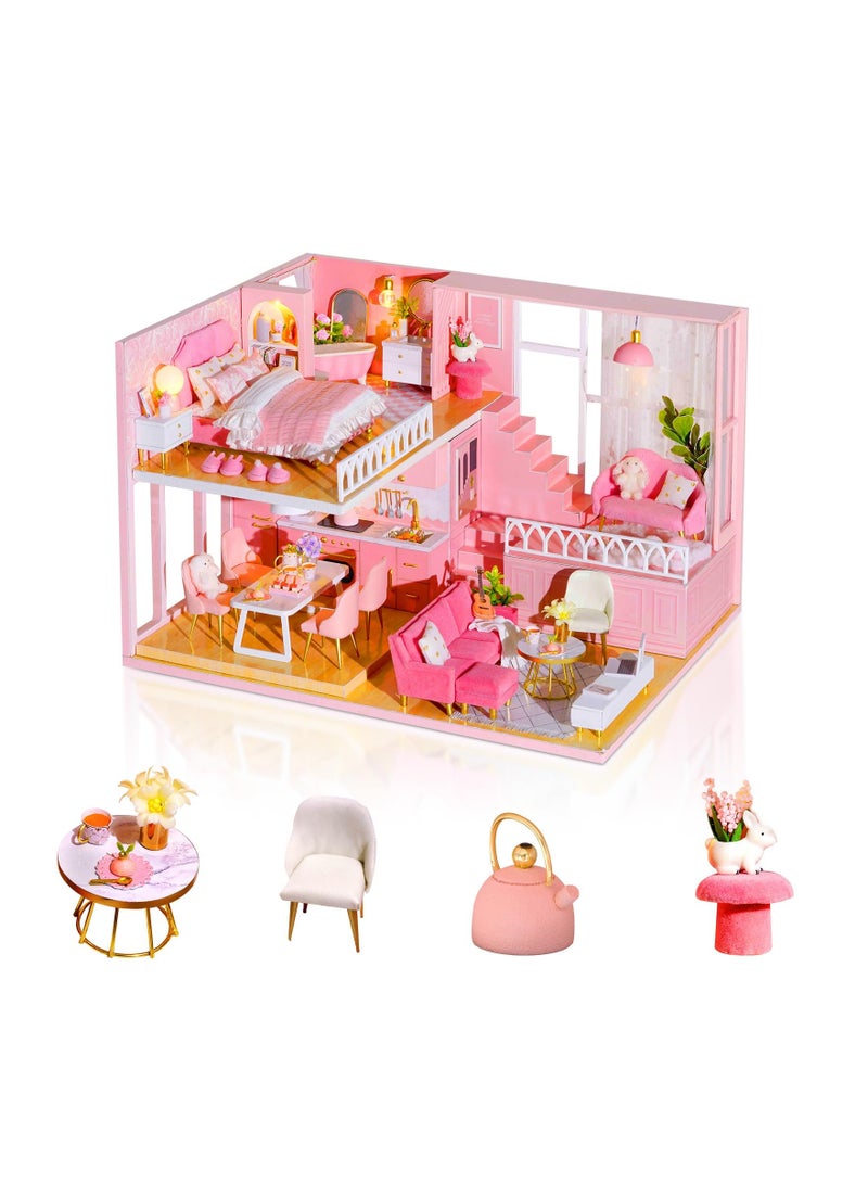 DIY Miniature Dollhouse Kit 1:24 Scale Mini Handmade Wooden Doll House with Music Great Crafts Gift for Birthday Mother's Day Kids Teens Adults Assemble the Villa Model Gift