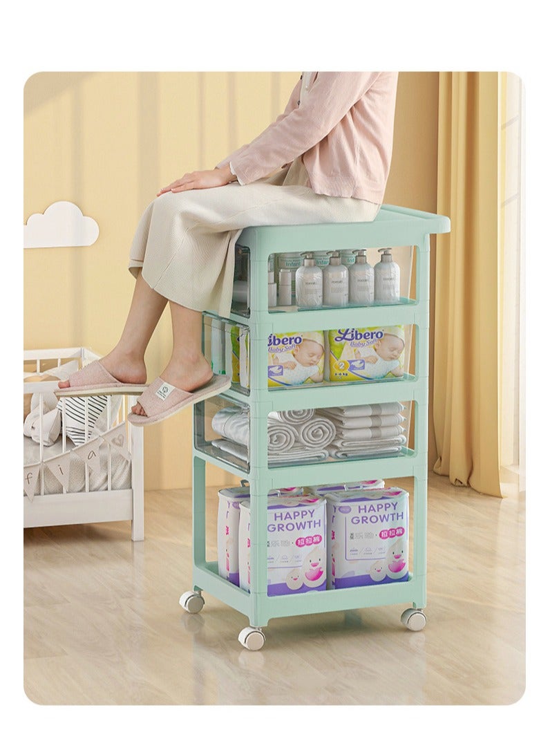 Baby Diaper Cart with Wheels and Handle 4 Tier Rolling Cart Diaper Organizer with Hanging Diaper Stacker Nursery Caddy Baby Organizer for Storage Baby Clothes, Wipes, Bibs, Changing Table Mats