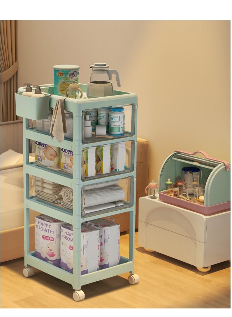 Baby Diaper Cart with Wheels and Handle 4 Tier Rolling Cart Diaper Organizer with Hanging Diaper Stacker Nursery Caddy Baby Organizer for Storage Baby Clothes, Wipes, Bibs, Changing Table Mats