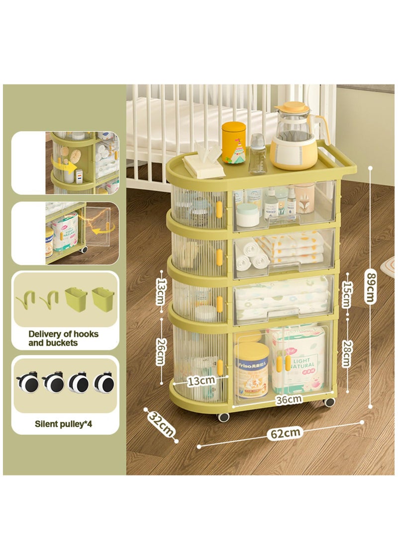 Baby Supplies Storage Folding Stroller Shelves, 4 Tier Mobile Nursery Organizer for Newborn Essentials,Multifunction Storage Organizer Cart with Wheels and Drawers, Portable Baby Diaper Organizer