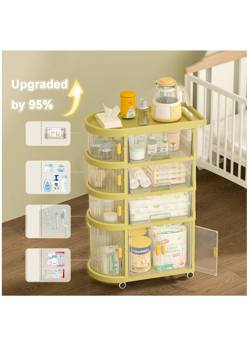 Baby Supplies Storage Folding Stroller Shelves, 4 Tier Mobile Nursery Organizer for Newborn Essentials,Multifunction Storage Organizer Cart with Wheels and Drawers, Portable Baby Diaper Organizer