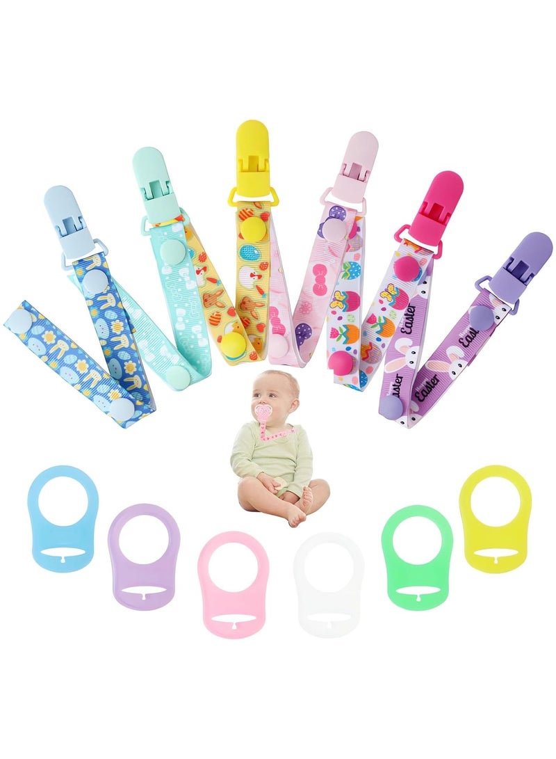 Silicone Dummy Clips Adapter, 6 pcs Baby Pacifier Chain with 6 pcs Adapters, Silicone Ring Adapter, Baby Pacifier Holder Soother Clip Chain Straps