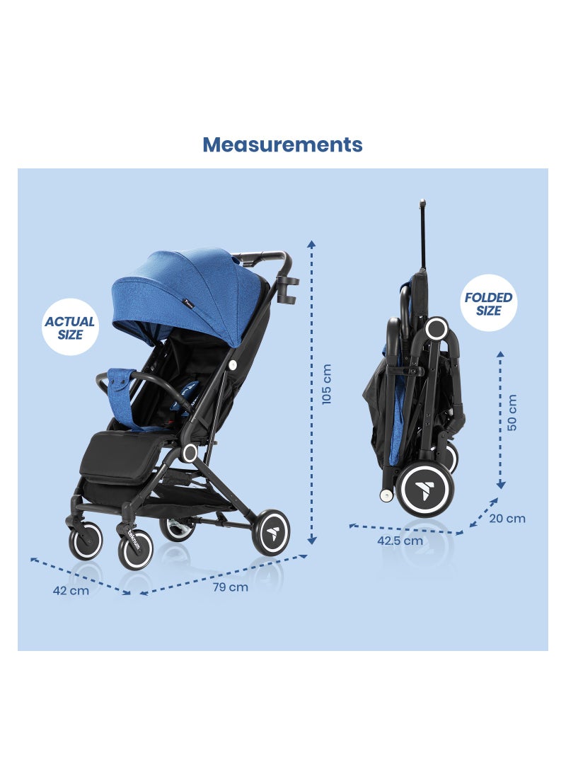 Travel Cabin Stroller With Single Hand One - Sec Fold, Cabin Approved, Extra Wide Canopy And Wide Seat Base - Blue