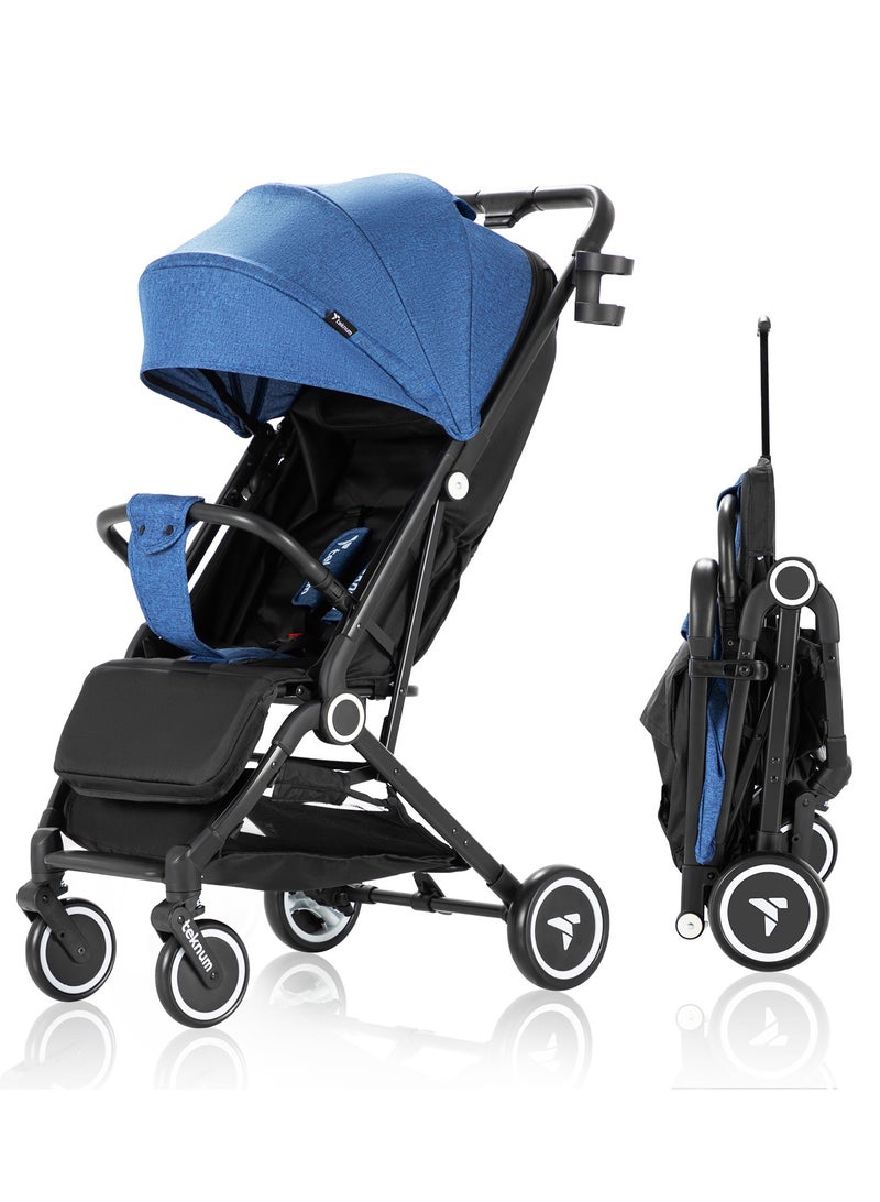 Travel Cabin Stroller With Single Hand One - Sec Fold, Cabin Approved, Extra Wide Canopy And Wide Seat Base - Blue