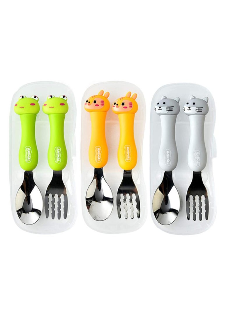 Kids Cutlery Sets, SYOSI 3Pcs Children's Cute Cartoon Animals Portable Tableware Spoon Fork Set with Plastic Case 304 Stainless Steel