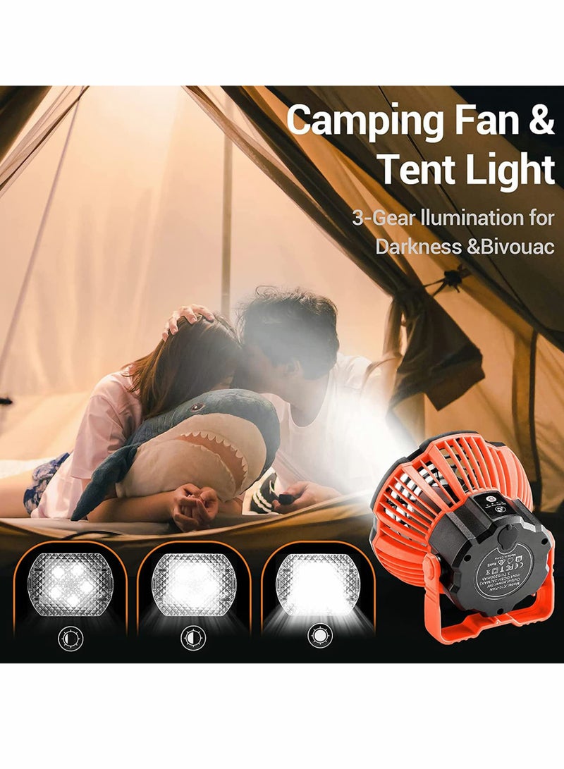 Portable Camping Fan for Tent USB Rechargeable with Emergency Light Desk Table Fan 180° Head Rotation Ceiling Tent Fan with Remote for Picnic Outdoor Camping BBQ Car Home Office