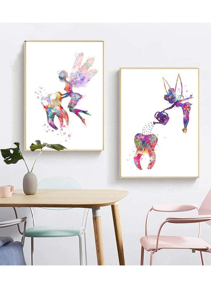 Dental Art Tooth Fairy Canvas Paintings, 3 Pieces Tooth Canvas Painting Color Wall Art Poster Dental Canvas Print Teeth Wall Picture Clinic Decor, Decorative Painting 40X60cm(Unframed)
