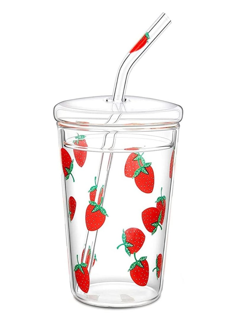 Glass Water Cup Milk Cup with Straw and Lids Reusable Double-Wall Coffee Cup Heat Resisting lovely Clear Milkshake Cup for Juice Milk Hot Cold Water Tea Matcha 300ml Travel Cup (Strawberry L)