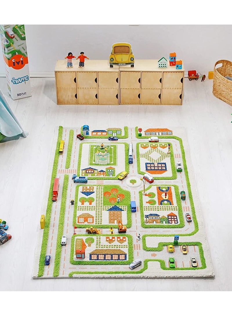 IVI 3D Play Carpet Traffic | Activity Playmat for Baby, Infants, Kids, Toddlers | Rug for Bedroom, Living Room, Nursery | Soft | Foldable | Portable | Non-Toxic | Green | 71