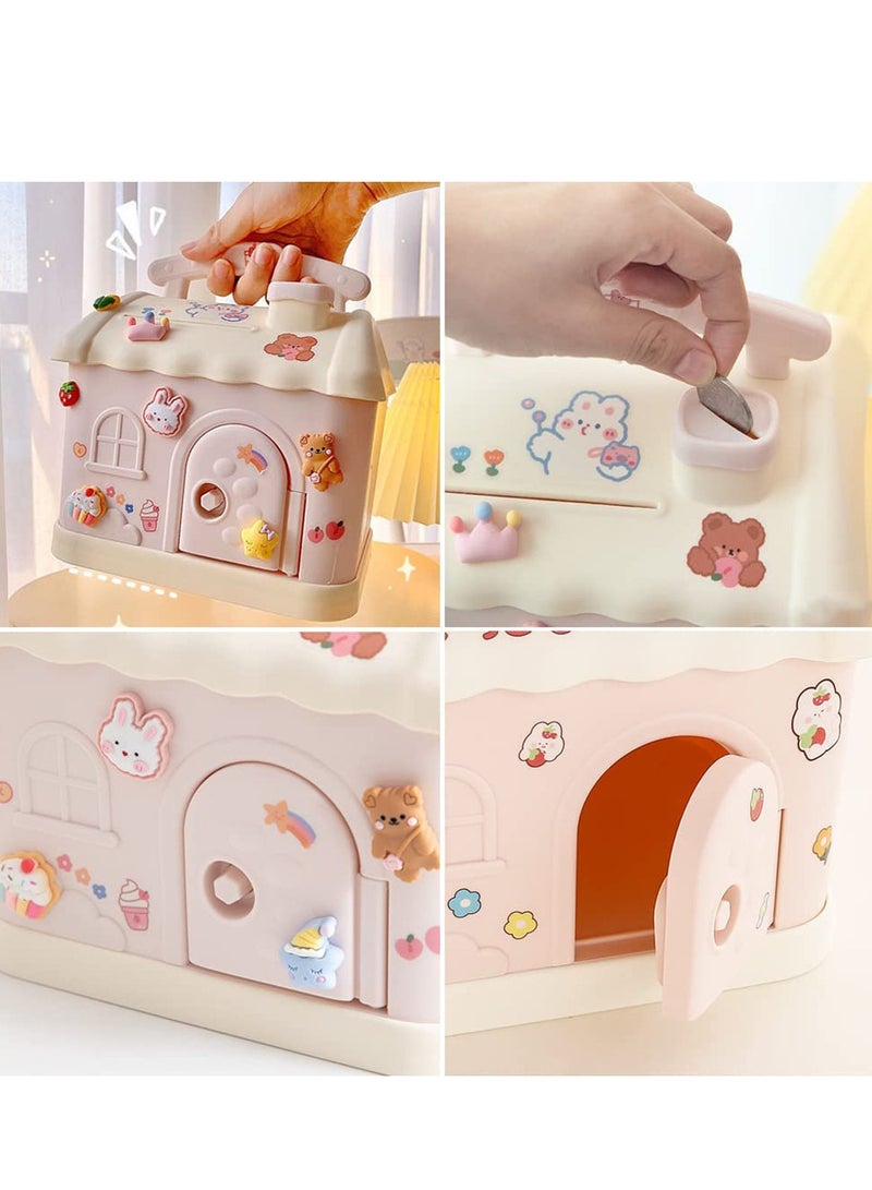 Bank for Kids, Fairy Tales Cottage Bank with DIY Sticker Gift & Key, Lovely Cream House Money Coin Bank Box for Girl, Great for Children's Birthday Gift or Home Decoration, Great Presents