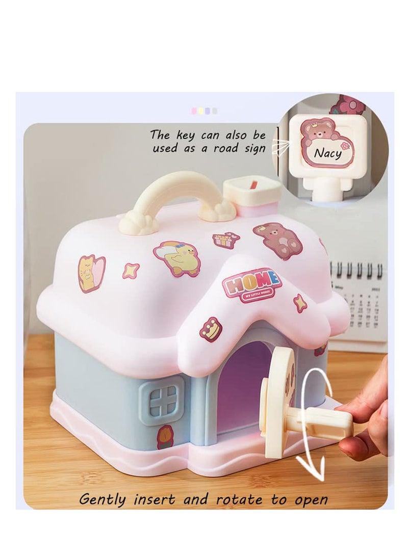 Bank for Kids, Fairy Tales Cottage Bank with DIY Sticker Gift & Key, Lovely Cream House Money Coin Bank Box for Girl, Great for Children's Birthday Gift or Home Decoration, Great Presents