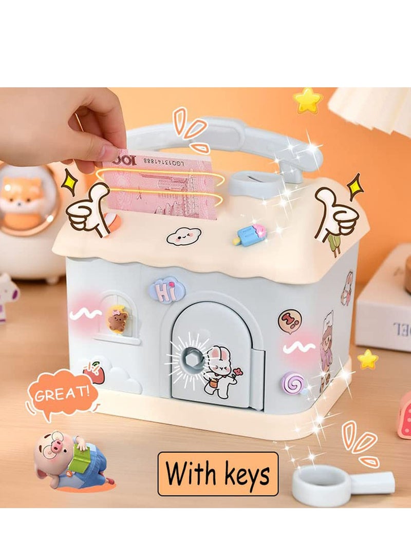 Bank for Kids, Fairy Tales Cottage Bank with DIY Sticker Gift & Key, Lovely Cream House Money Coin Bank Box for Girl, Great for Children's Birthday Gift or Home Decoration, Great Presents