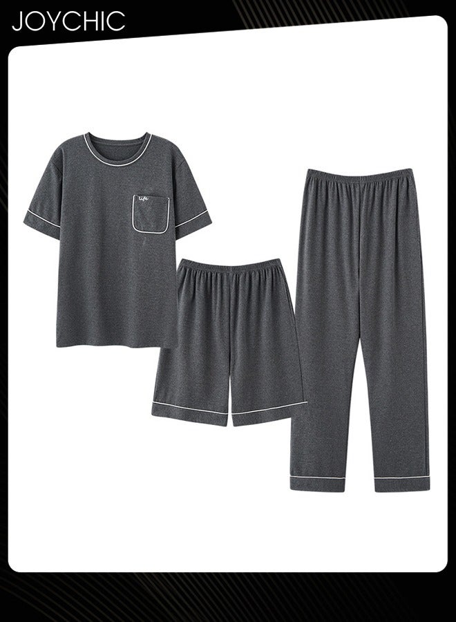 3 Piece Solid Color Men's Pajamas Short-sleeved +Shorts+ Trouser Set Casual Modal Breathable Wear-resistant Sleepwear Youth Homewear for Spring Summer Autumn Dark Grey
