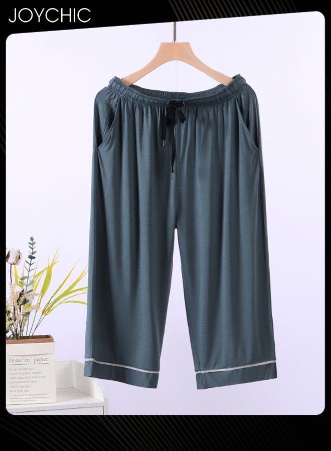 Simple Spring and Summer Men's Modal Cropped Home Sleeping Pants Soft Comfty Stretchable Men's Pajama Bottoms with Pockets Dark Green