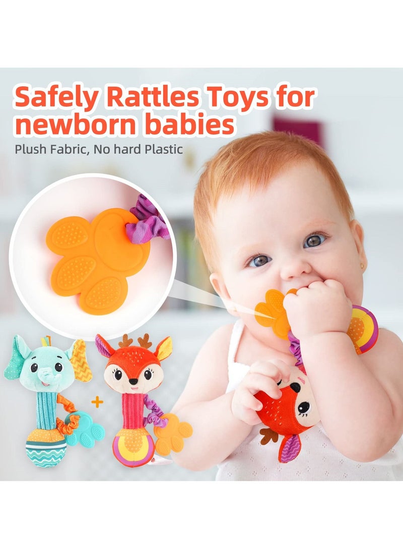 SYOSI 2 Pcs Baby Rattles, Soft Stuffed Rattle for Babies 0-6 Months Hand Grip Toys Shaker Newborn Gift Boy Girl