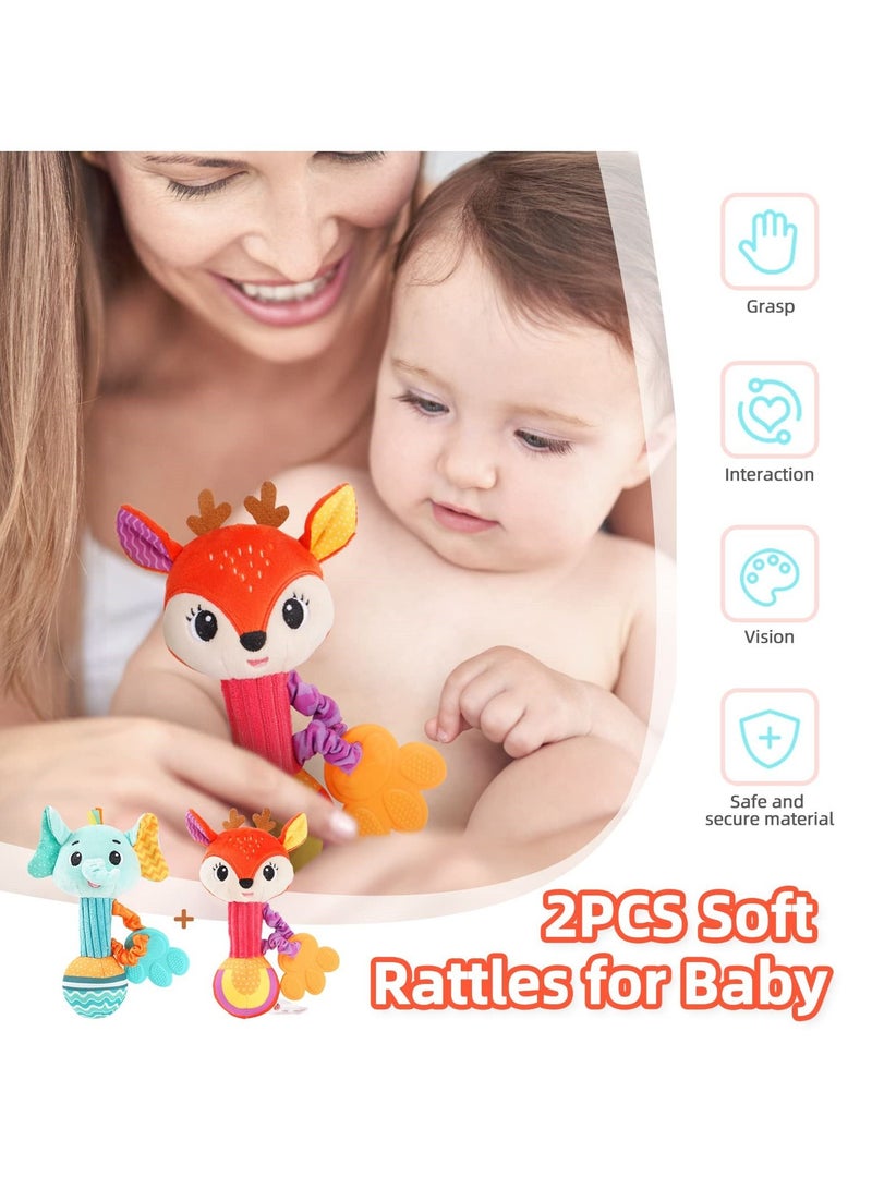 SYOSI 2 Pcs Baby Rattles, Soft Stuffed Rattle for Babies 0-6 Months Hand Grip Toys Shaker Newborn Gift Boy Girl