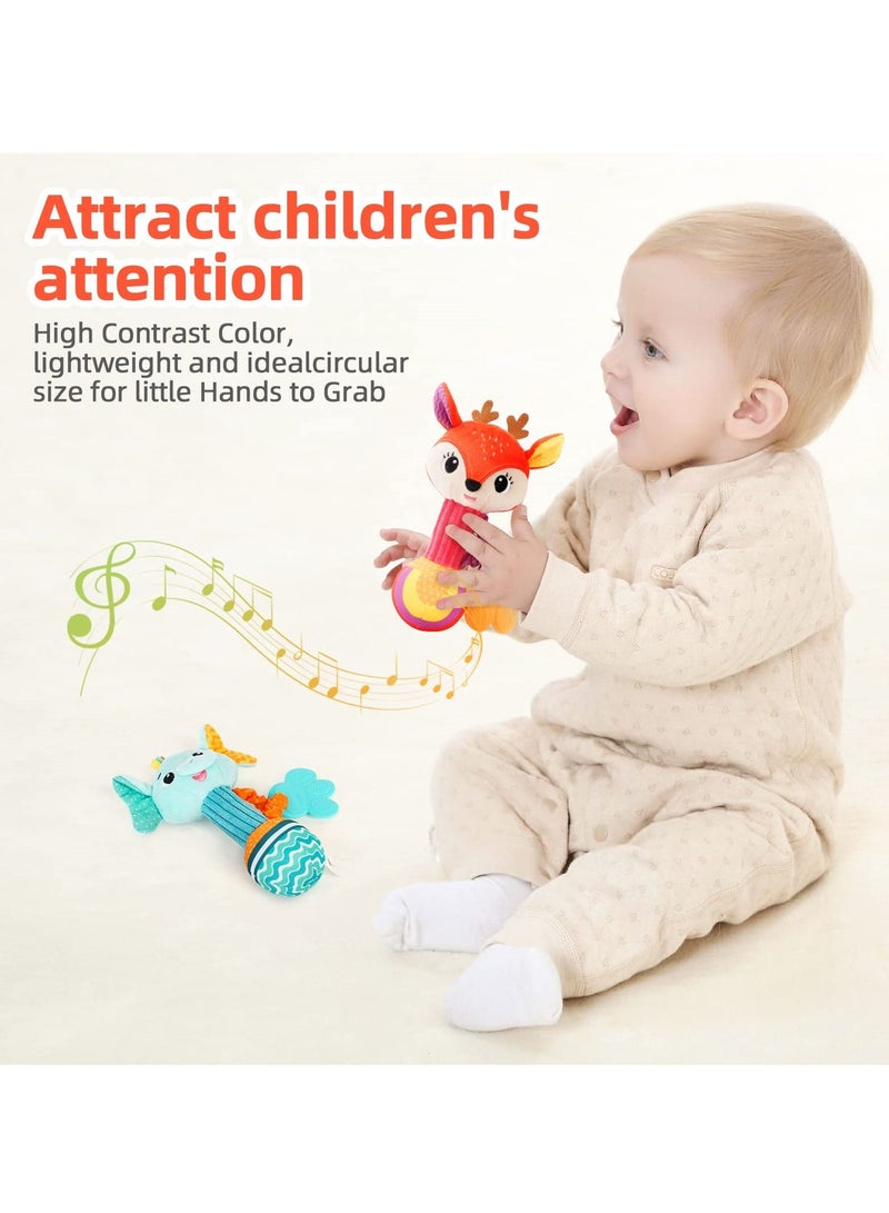 SYOSI 2 Pcs Baby Rattles, Soft Stuffed Rattle for Babies 0-6 Months Hand Grip Toys Shaker Newborn Gift Boy Girl