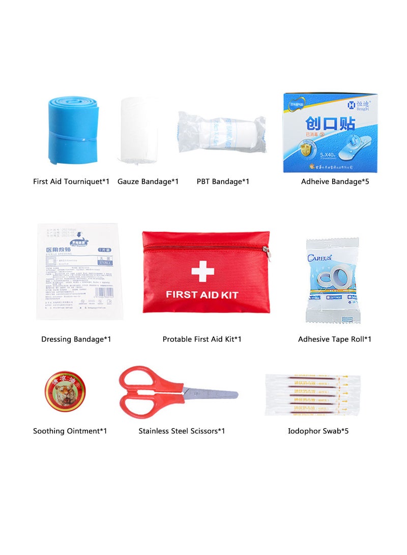 Mini First Aid Kit Small Emergency Survival Kit Medical Trauma Kit Bag Includes Bandage Tablets Cotton Swabs First Aid Guid for Travel Home Office Car Hiking Camping Survival, 18 Pack