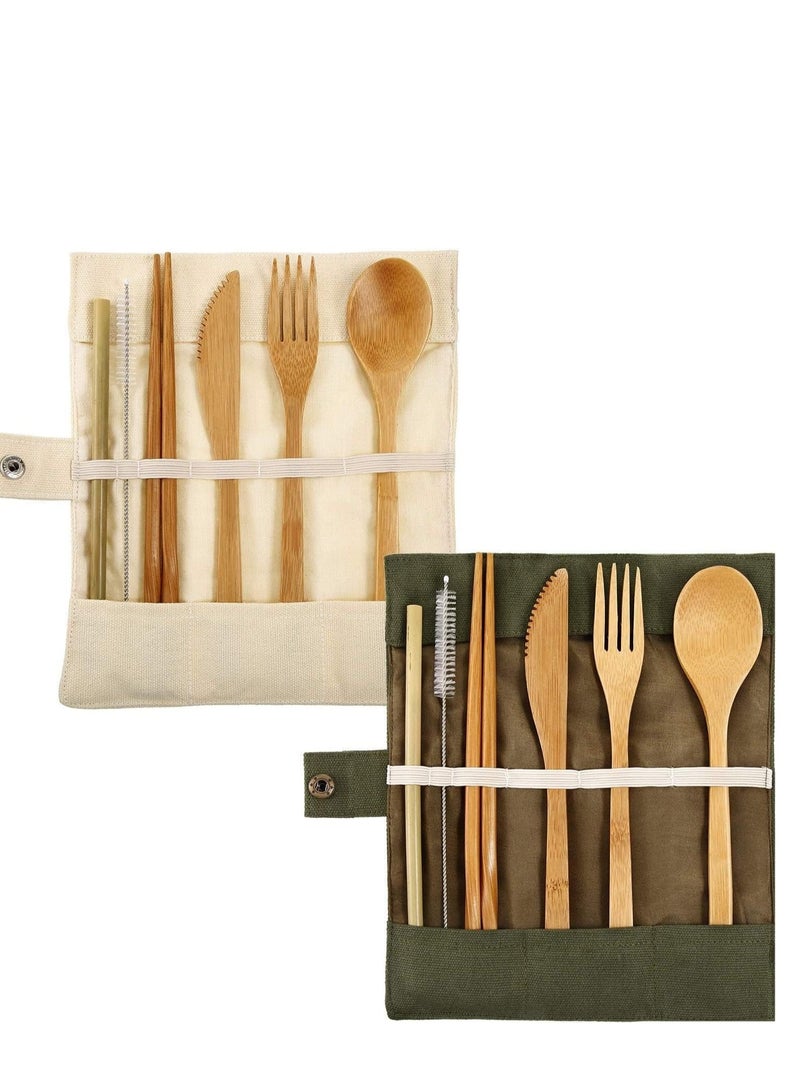 2 Sets Bamboo Cutlery Utensils Flatware Set Travel Include Reusable Chopsticks Fork Spoon Knife Straws Brush for Camping Hiking Picnic with Pouch Bag