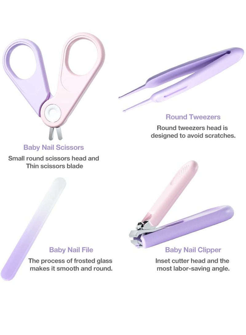 Baby Nail Kit 4-in-1 Care Set with Transparent Box and Crown Decoration Clippers Scissor File Tweezers - Idear Gift for Newborn Infant Toddler Kids Purple