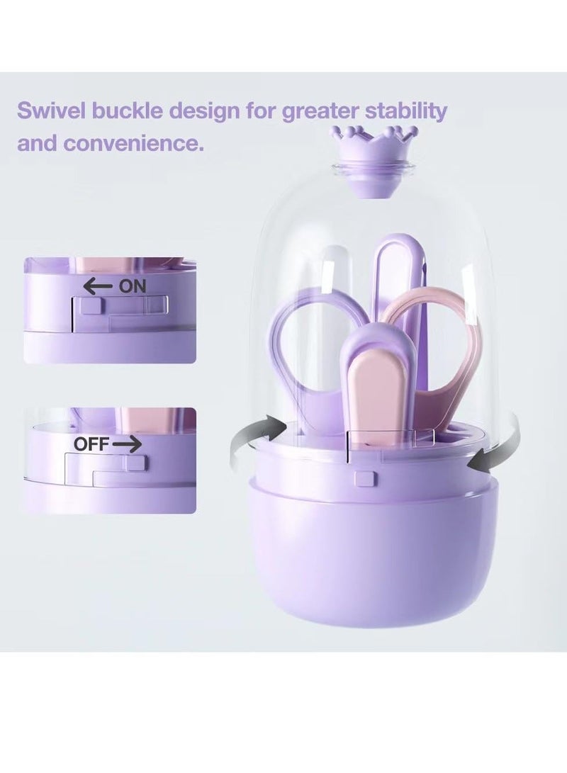 Baby Nail Kit 4-in-1 Care Set with Transparent Box and Crown Decoration Clippers Scissor File Tweezers - Idear Gift for Newborn Infant Toddler Kids Purple