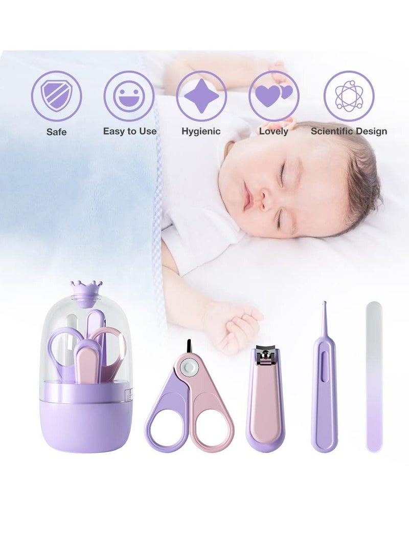 Baby Nail Kit 4-in-1 Care Set with Transparent Box and Crown Decoration Clippers Scissor File Tweezers - Idear Gift for Newborn Infant Toddler Kids Purple