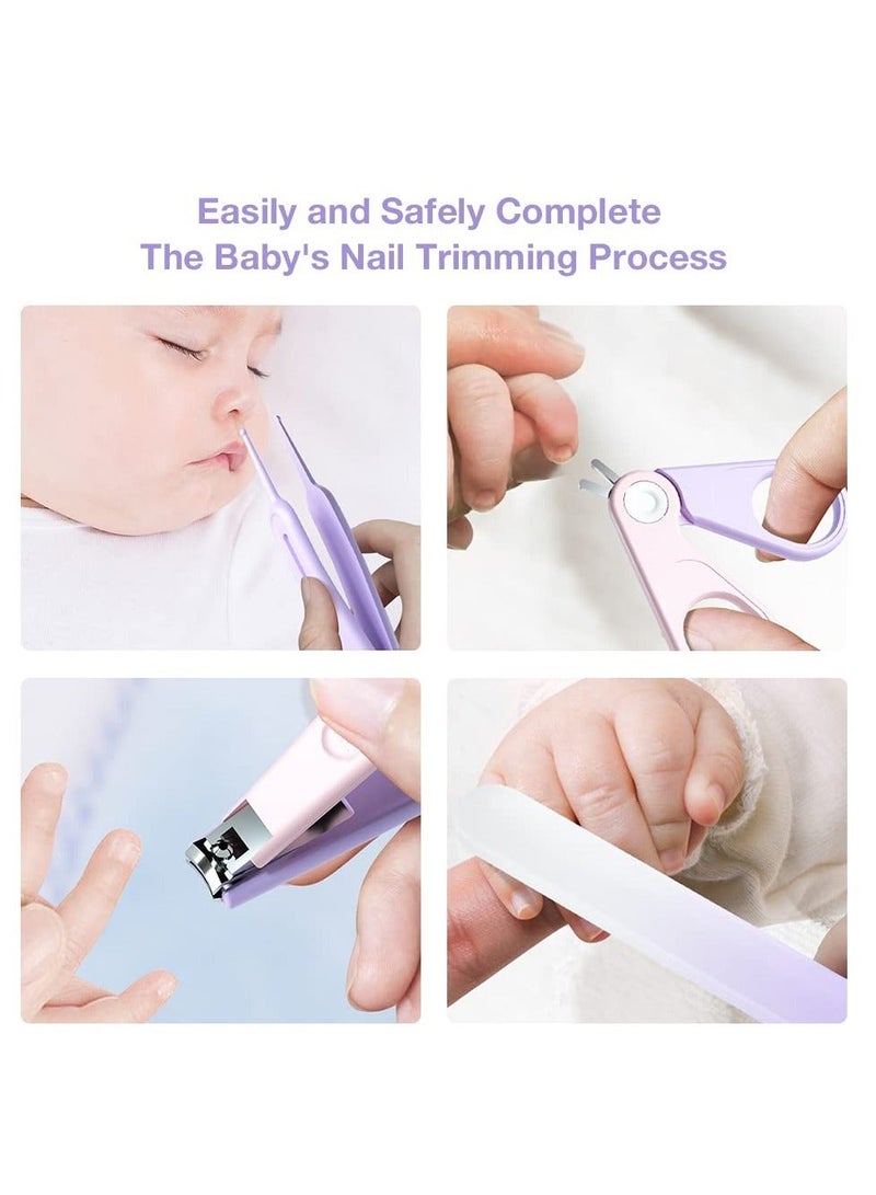 Baby Nail Kit 4-in-1 Care Set with Transparent Box and Crown Decoration Clippers Scissor File Tweezers - Idear Gift for Newborn Infant Toddler Kids Purple
