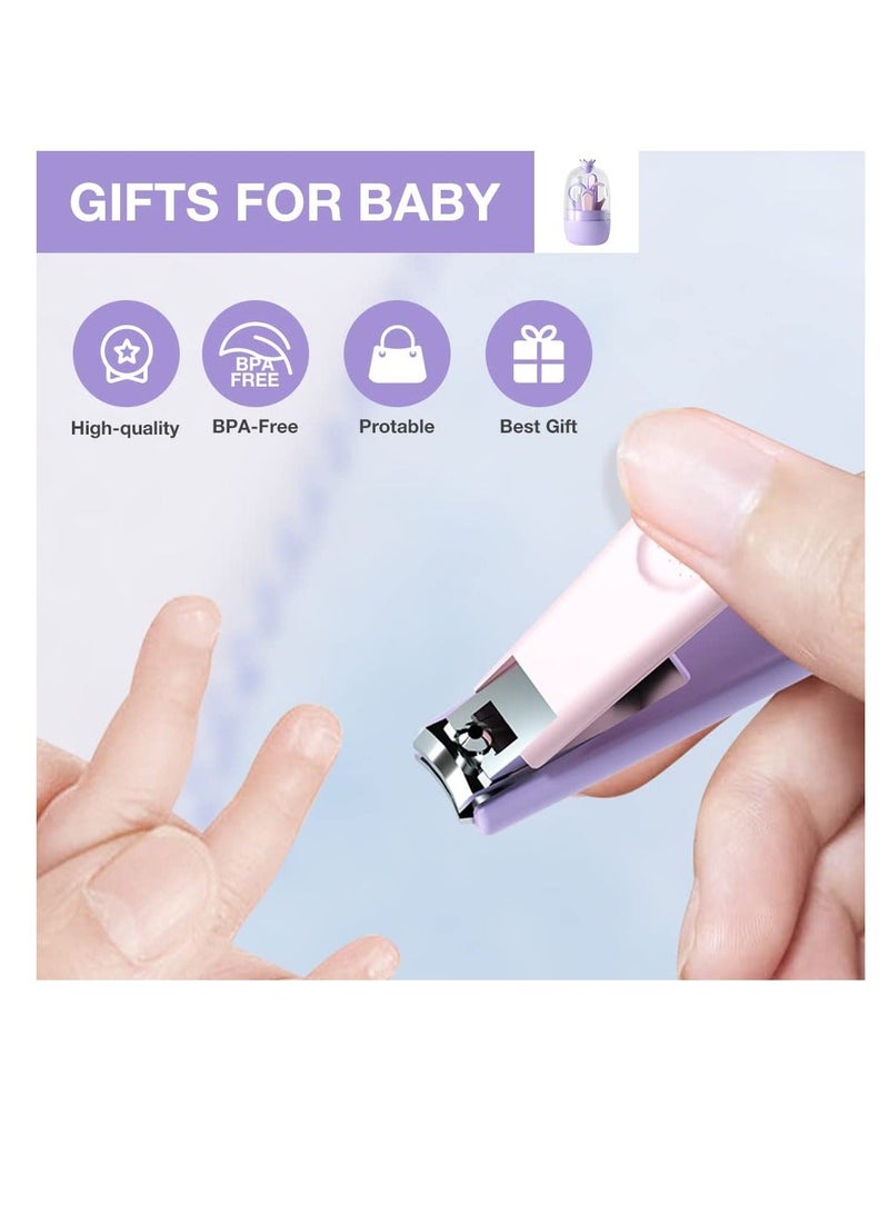 Baby Nail Kit 4-in-1 Care Set with Transparent Box and Crown Decoration Clippers Scissor File Tweezers - Idear Gift for Newborn Infant Toddler Kids Purple