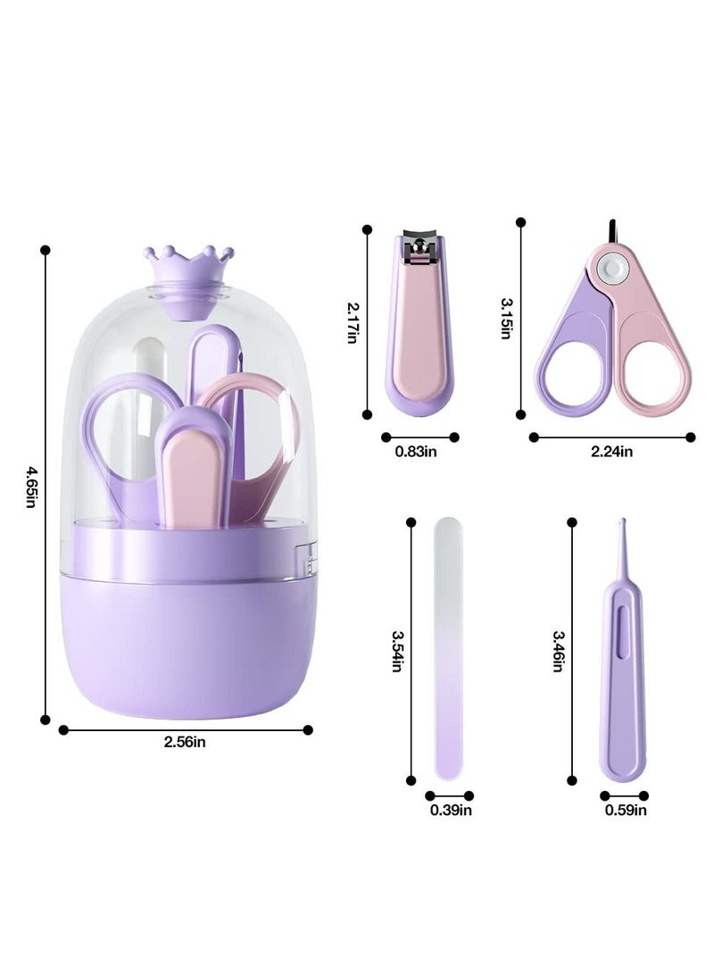 Baby Nail Kit 4-in-1 Care Set with Transparent Box and Crown Decoration Clippers Scissor File Tweezers - Idear Gift for Newborn Infant Toddler Kids Purple