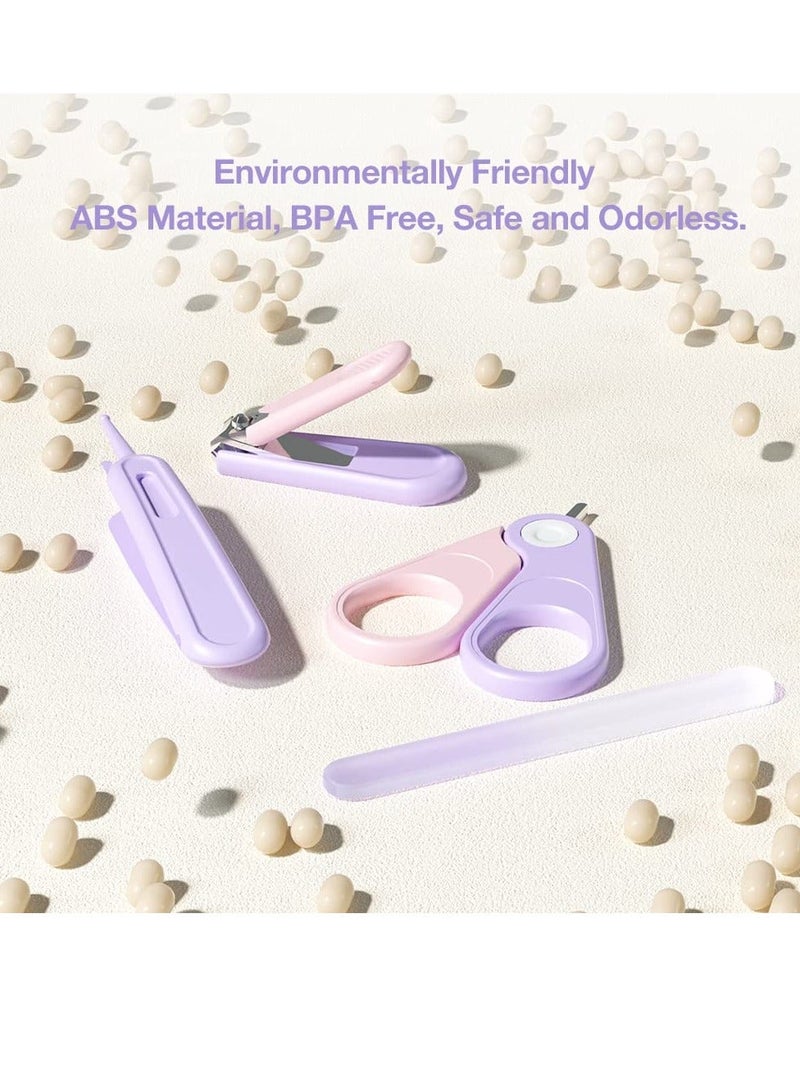 Baby Nail Kit 4-in-1 Care Set with Transparent Box and Crown Decoration Clippers Scissor File Tweezers - Idear Gift for Newborn Infant Toddler Kids Purple
