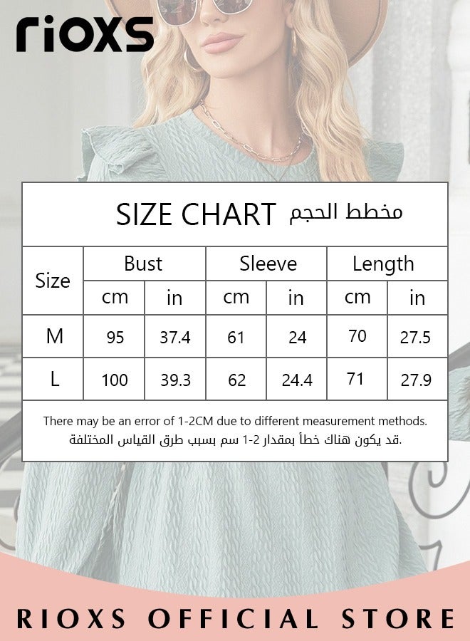 Women's Round Neck High Waist Long Sleeve Blouse Shirt Pleated Stitching Jacquard Solid Color Elastic Hem Peplum Top