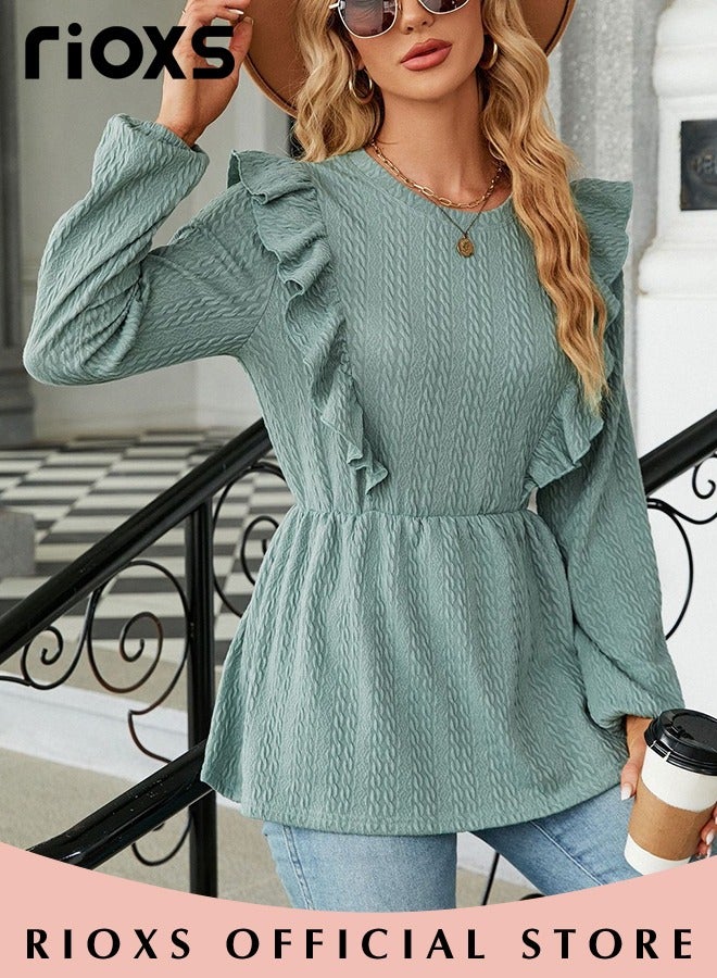 Women's Round Neck High Waist Long Sleeve Blouse Shirt Pleated Stitching Jacquard Solid Color Elastic Hem Peplum Top