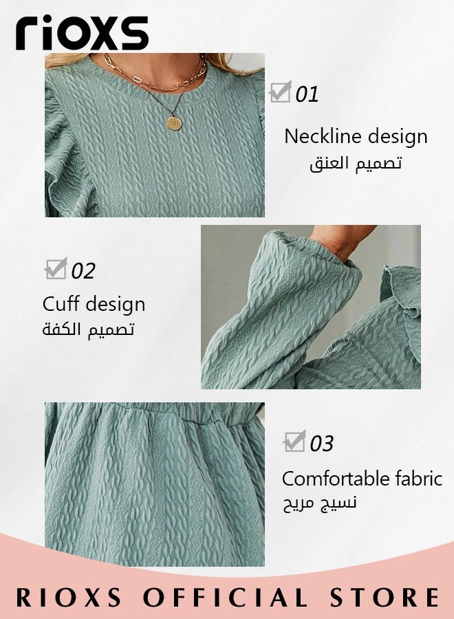 Women's Round Neck High Waist Long Sleeve Blouse Shirt Pleated Stitching Jacquard Solid Color Elastic Hem Peplum Top