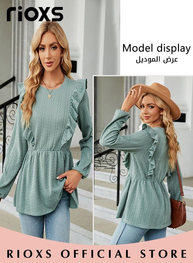 Women's Round Neck High Waist Long Sleeve Blouse Shirt Pleated Stitching Jacquard Solid Color Elastic Hem Peplum Top