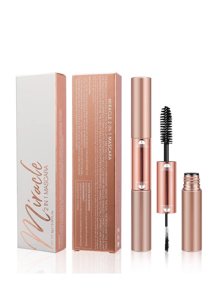Double Head Mascara, 2 in 1 Mascara, with Big and Small Brush, for Fine Short Eyelash, Smudge-proof, No Clumping, No Flaking, Waterproof Extra Long Lash Eyelashes, Voluminous Eyelashes