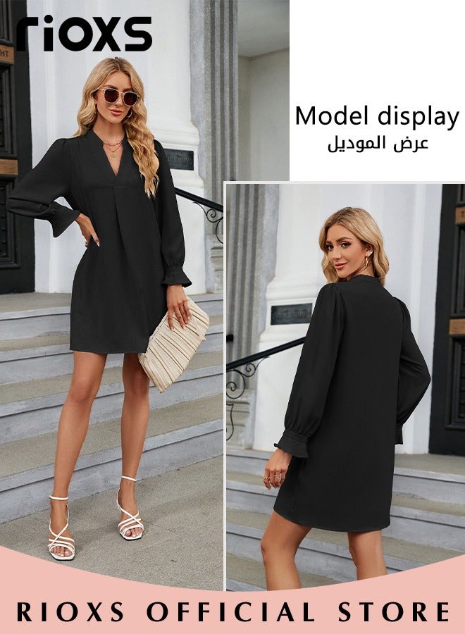 Women's V-neck Long Sleeves Dress Ice Silk Tunic Dress A-Line Skirt Flounces Loose Ruffle Tiered Dress Solid Flowy Shift Dresses For Business Work