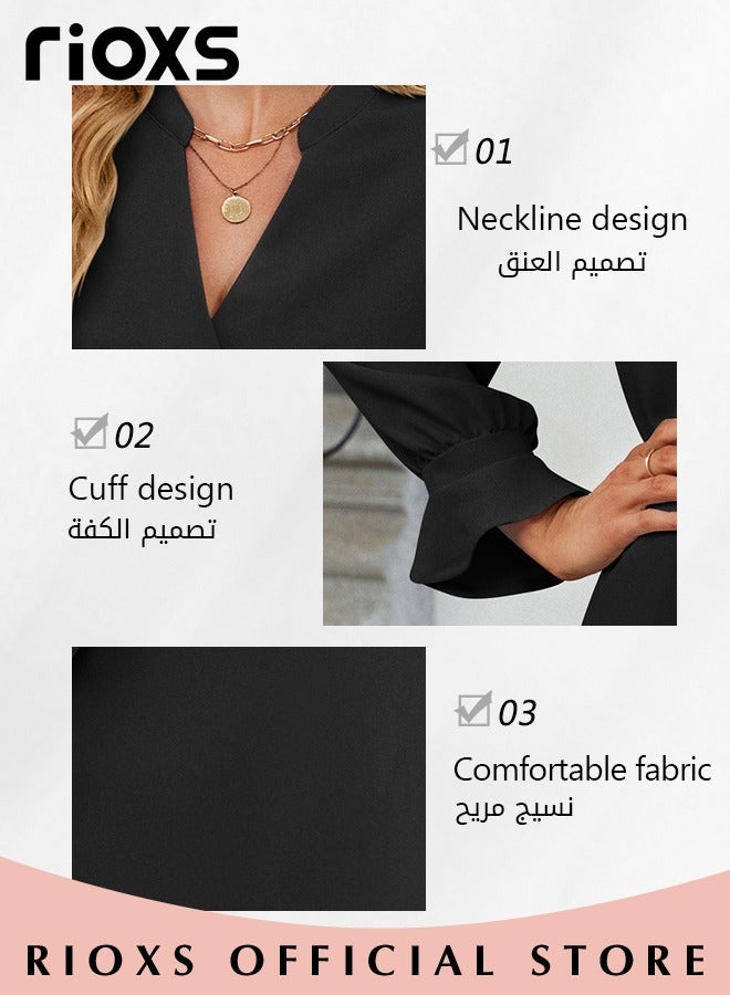 Women's V-neck Long Sleeves Dress Ice Silk Tunic Dress A-Line Skirt Flounces Loose Ruffle Tiered Dress Solid Flowy Shift Dresses For Business Work